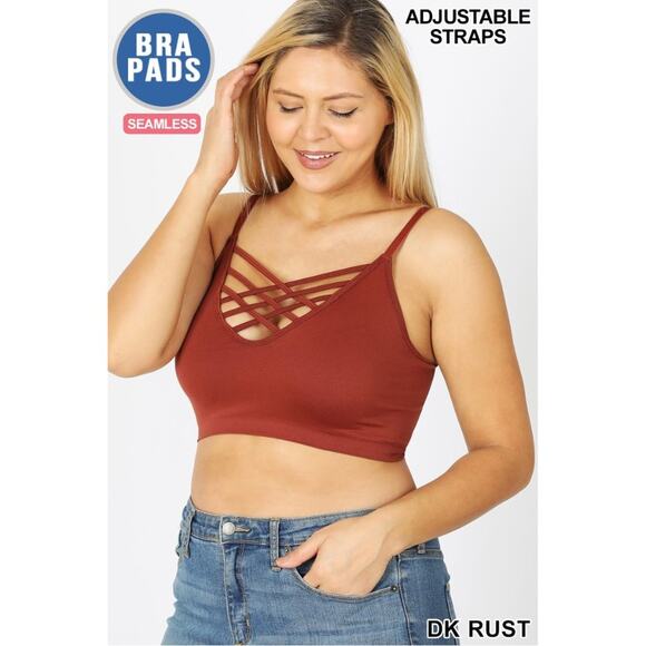 1X/2X Dark Rust Front V Lattice Bralette + bra padding adjustable straps Zenana - Picture 14 of 14